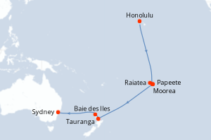 Carte de l'itinéraire de croisière Honolulu-Sydney d'une durée de 19 jours
