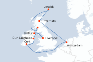 Carte itinéraire croisière Pays-Bas, Irlande, Royaume-Uni - 12 jours au départ de Amsterdam - Europe du Nord