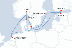 carte itinéraire croisière Europe du Nord 12 jours au départ du port de Amsterdam
