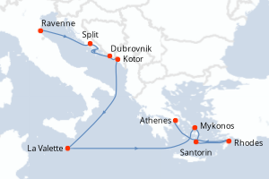 Carte de l'itinéraire de croisière Ravenne-Le Piree - Athenes d'une durée de 11 jours