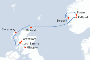 carte itinéraire croisière Fjörds norvégiens 7 jours au départ du port de Bergen