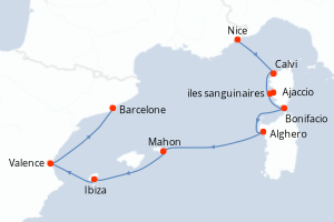 Carte itinéraire croisière Île de Beauté, Sardaigne et rivages ibériques - 8 jours au départ de Nice - Méditerranée