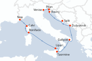 carte itinéraire croisière Sicile 12 jours au départ du port de Nice