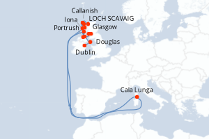 Carte de l'itinéraire de croisière Dublin-Glasgow d'une durée de 9 jours