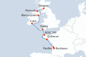 carte itinéraire croisière Garonne Dordogne 8 jours au départ du port de Glasgow