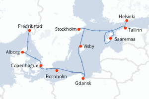 Carte de l'itinéraire de croisière Fredrikstad-Helsinki d'une durée de 10 jours