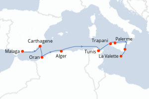 carte itinéraire croisière Sicile 9 jours au départ du port de Malaga