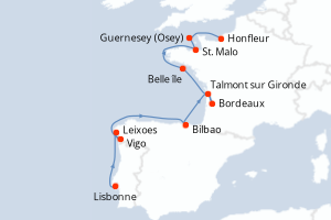 Carte de l'itinéraire de croisière Lisbonne-Honfleur d'une durée de 11 jours