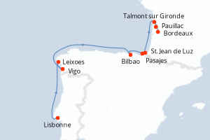 Carte de l'itinéraire de croisière Lisbonne-Bordeaux d'une durée de 10 jours
