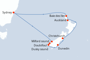 Carte de l'itinéraire de croisière Sydney-Sydney d'une durée de 12 jours