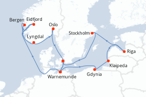 carte itinéraire croisière Fjörds norvégiens 14 jours au départ du port de Warnemunde