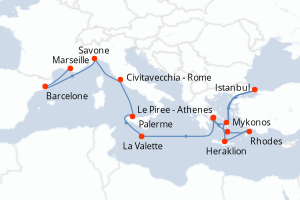 carte itinéraire croisière Sicile 14 jours au départ du port de Le Piree - Athenes