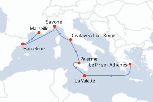 carte itinéraire croisière Sicile 7 jours au départ du port de Le Piree - Athenes
