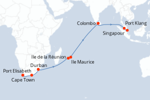 carte itinéraire croisière Asie 22 jours au départ du port de Cape Town