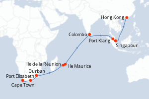 carte itinéraire croisière Asie 27 jours au départ du port de Cape Town