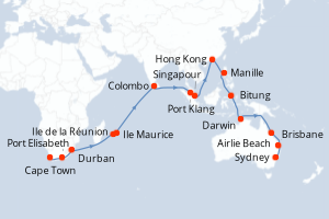 carte itinéraire croisière Australie Nouvelle Zélande 45 jours au départ du port de Cape Town