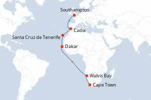 carte itinéraire croisière Europe du Nord 17 jours au départ du port de Cape Town