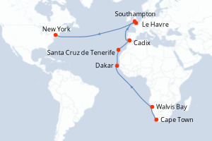 carte itinéraire croisière Transatlantique 25 jours au départ du port de Cape Town