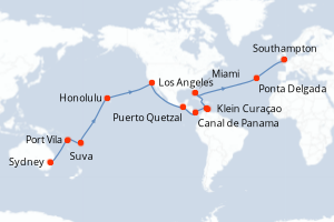 carte itinéraire croisière Europe du Nord 45 jours au départ du port de Sydney