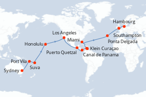 carte itinéraire croisière Europe du Nord 47 jours au départ du port de Sydney