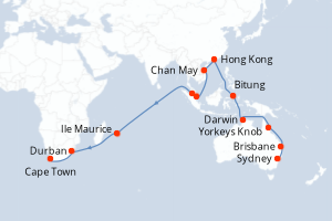 carte itinéraire croisière Afrique du Sud 40 jours au départ du port de Sydney