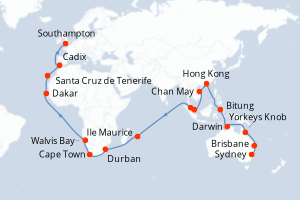 carte itinéraire croisière Europe du Nord 57 jours au départ du port de Sydney