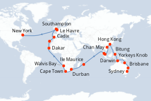 carte itinéraire croisière Amérique du Nord 65 jours au départ du port de Sydney