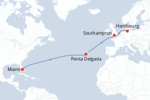 carte itinéraire croisière Transatlantique 13 jours au départ du port de Miami