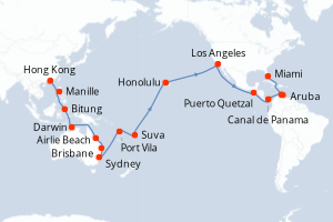 carte itinéraire croisière Caraïbes Bahamas 52 jours au départ du port de Hong Kong
