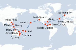 carte itinéraire croisière Europe du Nord 63 jours au départ du port de Hong Kong