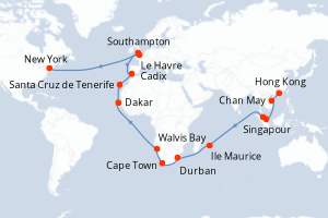 carte itinéraire croisière Amérique du Nord 47 jours au départ du port de Hong Kong