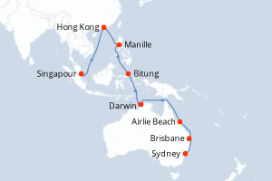 carte itinéraire croisière Australie Nouvelle Zélande 23 jours au départ du port de Singapour