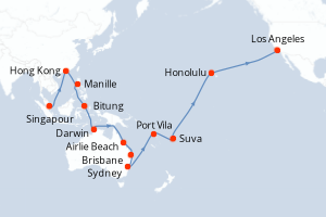 carte itinéraire croisière Amérique du Nord 43 jours au départ du port de Singapour