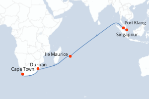 carte itinéraire croisière Afrique du Sud 16 jours au départ du port de Singapour