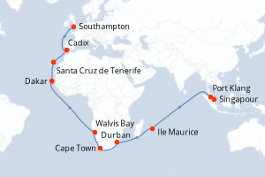 carte itinéraire croisière Europe du Nord 33 jours au départ du port de Singapour