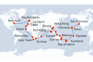 Carte de l'itinéraire de croisière San Francisco-New York d'une durée de 90 jours