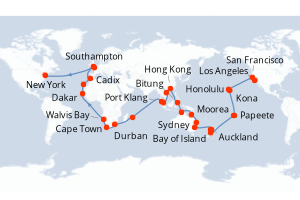 Carte de l'itinéraire de croisière Los Angeles-New York d'une durée de 93 jours