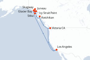 carte itinéraire croisière Amérique du Nord 16 jours au départ du port de Los Angeles
