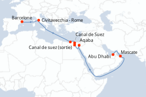 carte itinéraire croisière Méditerranée 16 jours au départ du port de Abu Dhabi