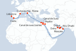 carte itinéraire croisière Atlantique 21 jours au départ du port de Dubai
