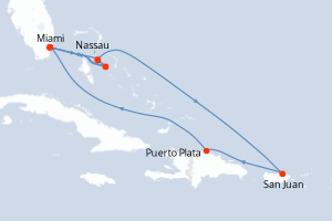Carte de l'itinéraire de croisière Miami-Miami d'une durée de 11 jours