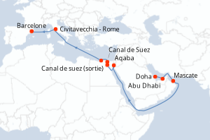 carte itinéraire croisière Méditerranée 17 jours au départ du port de Doha