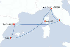 Carte de l'itinéraire de croisière Barcelone-Barcelone d'une durée de 7 jours