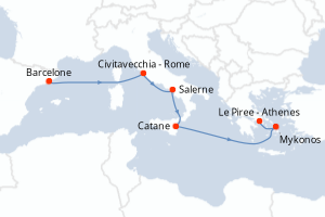 carte itinéraire croisière Sicile 7 jours au départ du port de Barcelone
