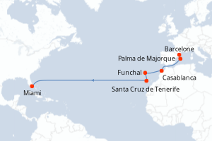 carte itinéraire croisière Transatlantique 15 jours au départ du port de Barcelone