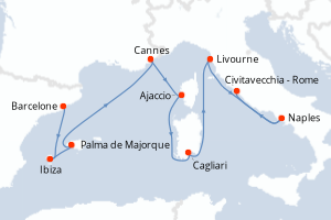 carte itinéraire croisière Sardaigne 12 jours au départ du port de Barcelone