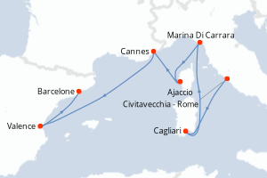 Carte de l'itinéraire de croisière Civitavecchia - Rome-Barcelone d'une durée de 9 jours