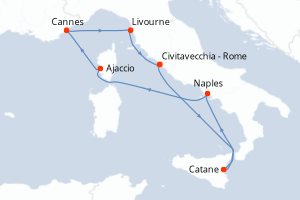 carte itinéraire croisière Sicile 9 jours au départ du port de Civitavecchia - Rome