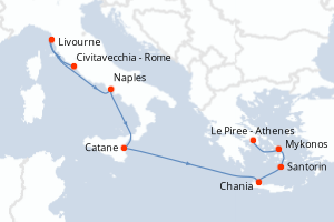 carte itinéraire croisière Sicile 10 jours au départ du port de Civitavecchia - Rome