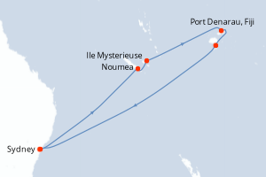 Carte de l'itinéraire de croisière Sydney-Sydney d'une durée de 12 jours